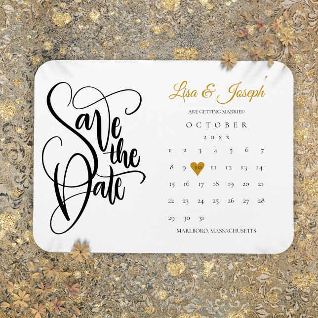 Ímã Calendário Ouro Coração Casamento Data a Salvar (Calendar Gold Love Heart Wedding Save the Date Magnet)