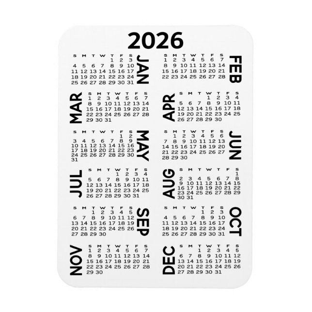 Ímã Calendário - preto e branco mínimo básico (Vertical)