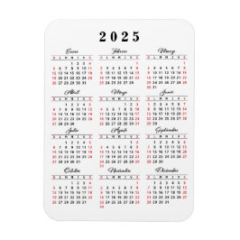 Ímã Calendário Simples 2025 em branco vermelho-preto e