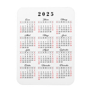 Ímã Calendário Simples 2025 em branco vermelho-preto e