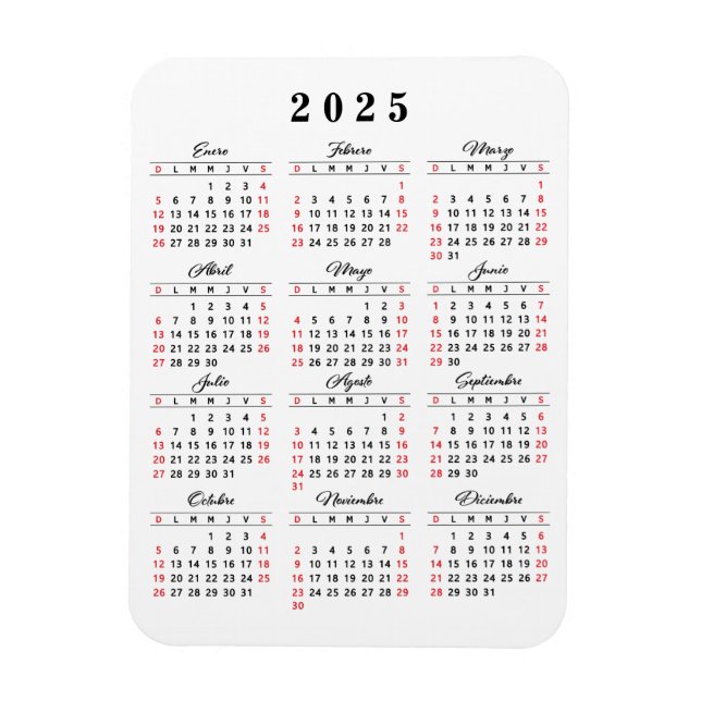 Ímã Calendário Simples 2025 em branco vermelho-preto e (Vertical)