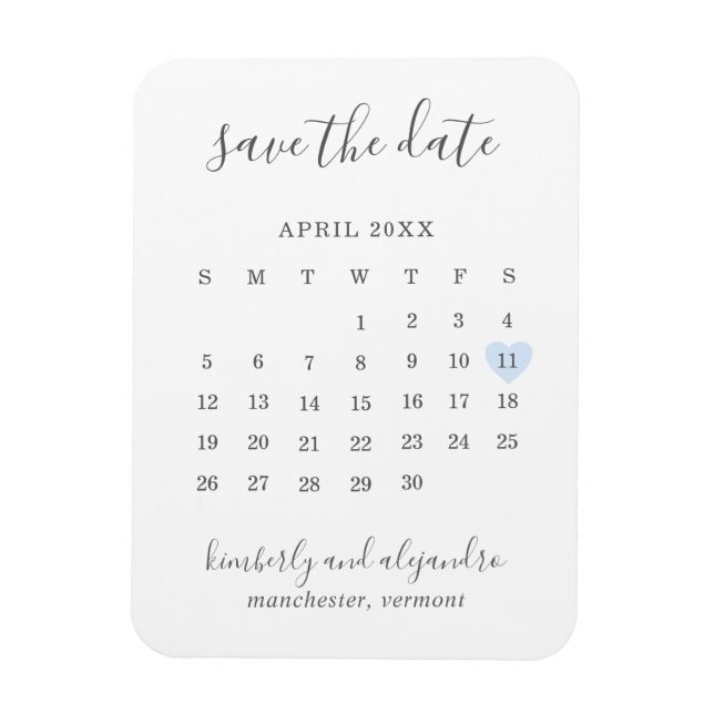 Ímã Calendário Simples Azul Pastel Coração Salvar a Da (Vertical)