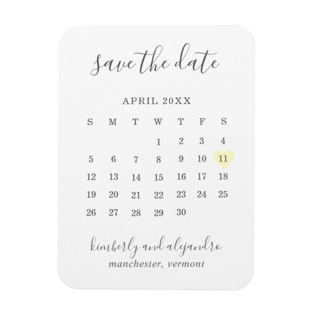 Ímã Calendário Simples Coração Amarelo Pastel Salve a  (Vertical)