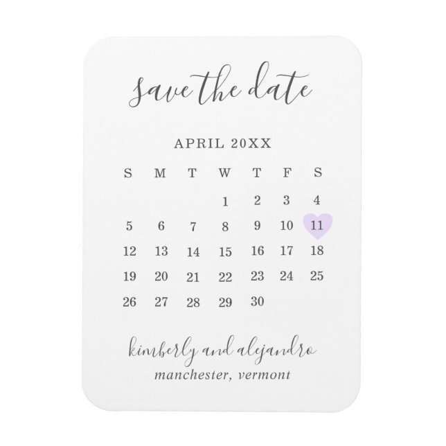 Ímã Calendário Simples Pastel Purple Heart Salvar a Da (Vertical)