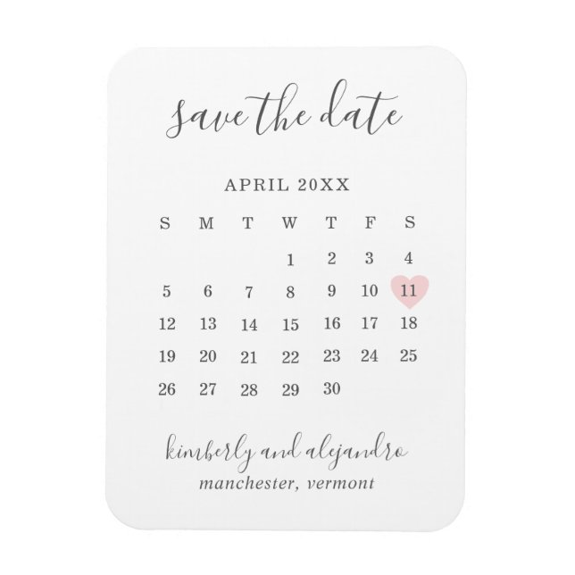Ímã Calendário Simples Rosa Pastel Coração Salvar a Da (Vertical)