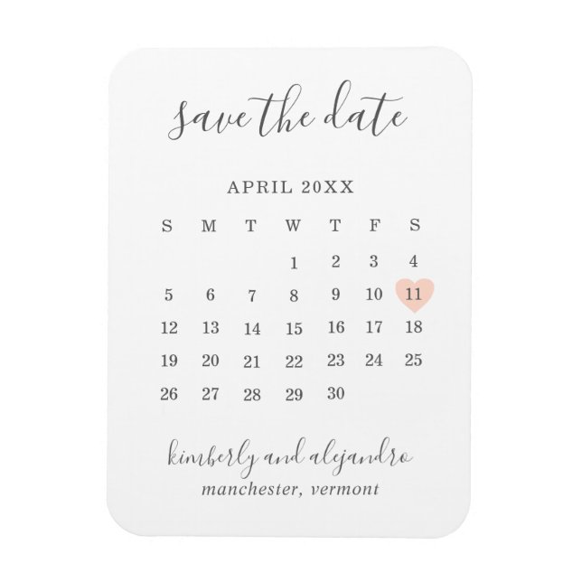 Ímã Calendário Simples Salva a Data Coração Bege Paste (Vertical)