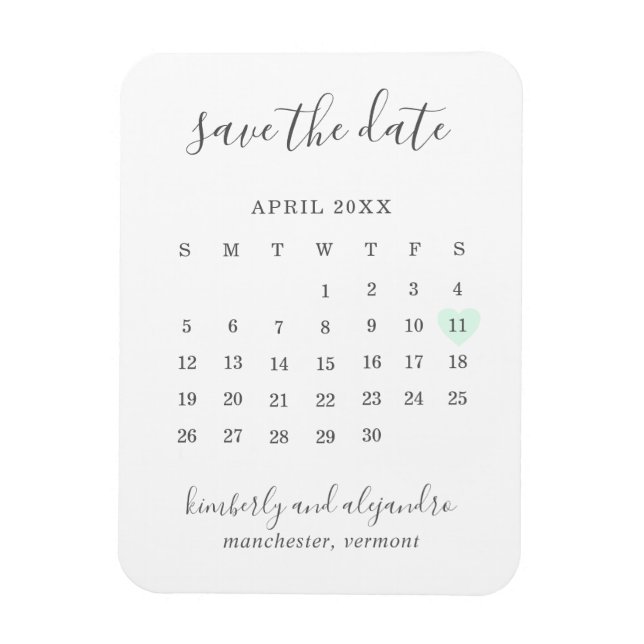 Ímã Calendário Simples Verde Pastel Coração Salvar a D (Vertical)