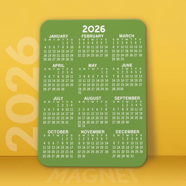 Ímã Calendário - Verde mínimo básico e moderno branco (2026 Calendar Magnet)