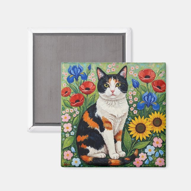 Imã Calico Cat and Folk Art Sunflowers (Front/Back)