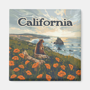 Imã California Bear Poppies Flores Retro