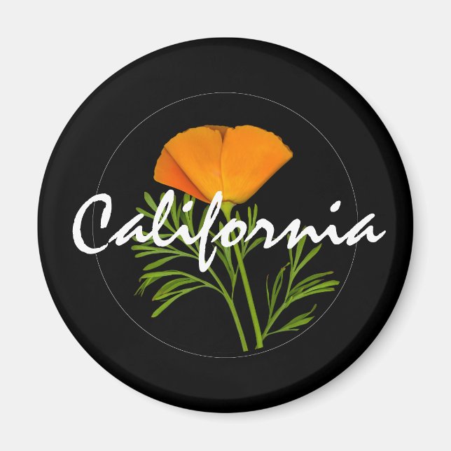Imã California Poppy em preto com texto "California" (Frente)