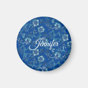 Imã Caligrafia Azul Floral Elegante Nome Personalizado