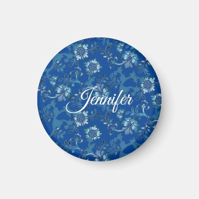 Imã Caligrafia Azul Floral Elegante Nome Personalizado (Frente)