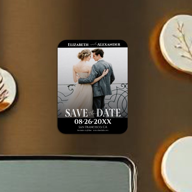 Ímã Caligrafia em Preto e Branco Salvar a Foto da Data (Criador carregado)