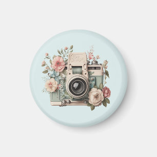 Imã Câmera com Imagem Retro Pastel de Flores