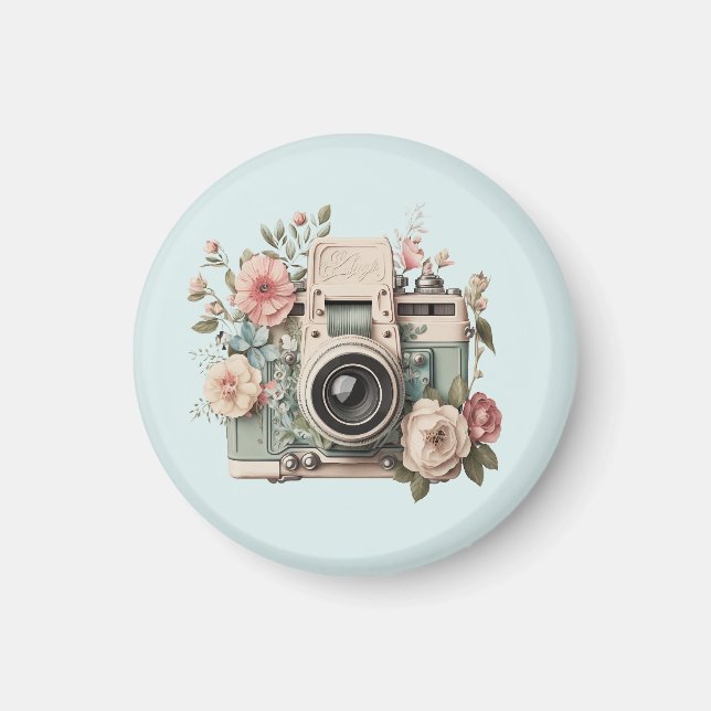 Imã Câmera com Imagem Retro Pastel de Flores (Frente)
