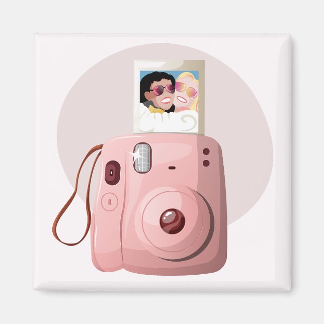 Imã Câmera Retro Rosa com Foto de Amigos Se Abraçando (Frente)
