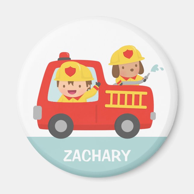 Imã Caminhão de Fogo Vermelho com Bombeiro Garoto e Pu (Frente)