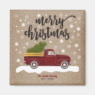 Imã Caminhão Vermelho Antigo Com Árvore de Natal Retrô