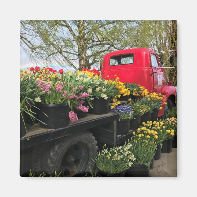 Imã Caminhão Vermelho com Flores de primavera e Arco-Í (Frente)