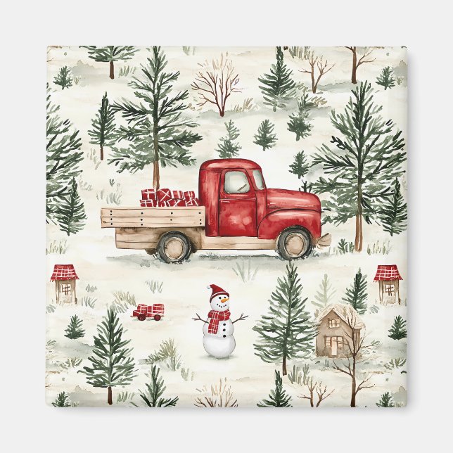 Imã Caminhão Vermelho com presentes e boneco de neve (Frente)