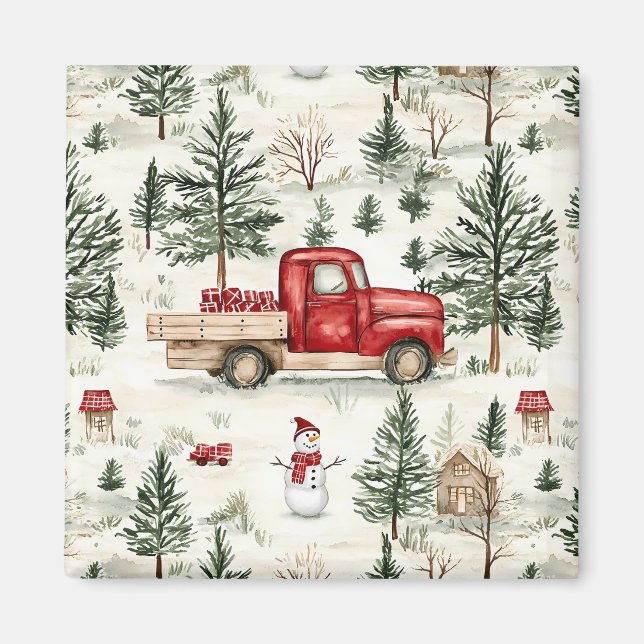 Imã Caminhão Vermelho com presentes e boneco de neve (Frente)
