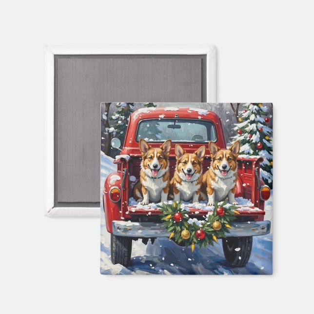 Imã Caminhão Vermelho de Natal Corgi Festa (Front/Back)