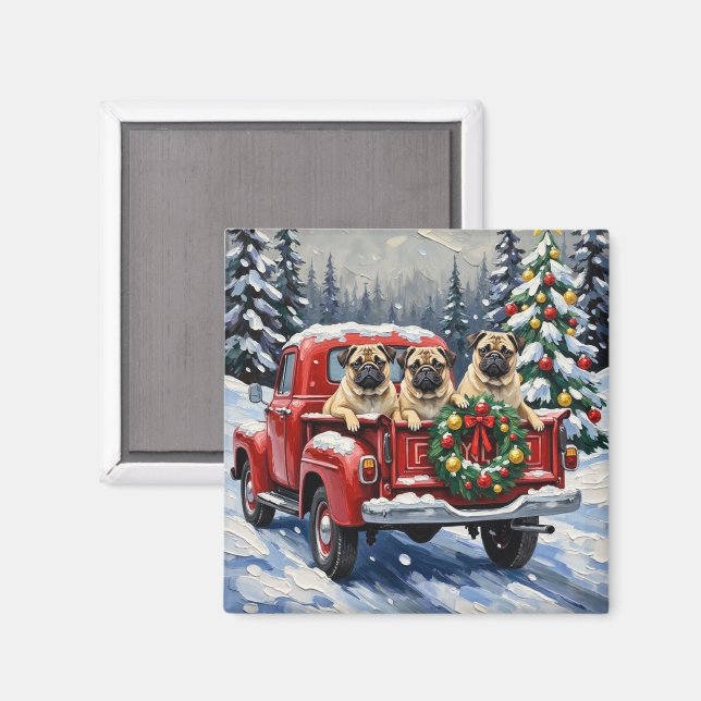 Imã Caminhão Vermelho de Natal Pug Férias (Front/Back)