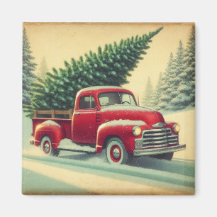 Imã Caminhão vermelho vintage com árvore de Natal