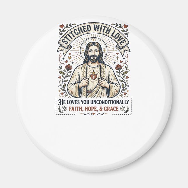 Imã Camisa de Jesus Costurando Bordado Gráfico Cristão (Frente)