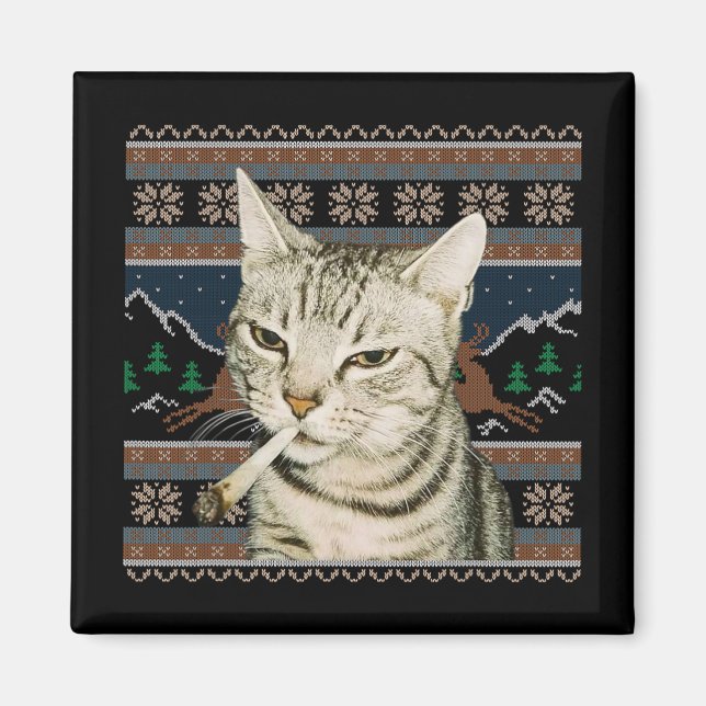 Imã Camisa de Natal Feia de Gato Engraçado Fumando Mem (Frente)