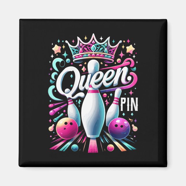 Imã Camisa Queen Pin Bowl Bowling League Para Bowling  (Frente)