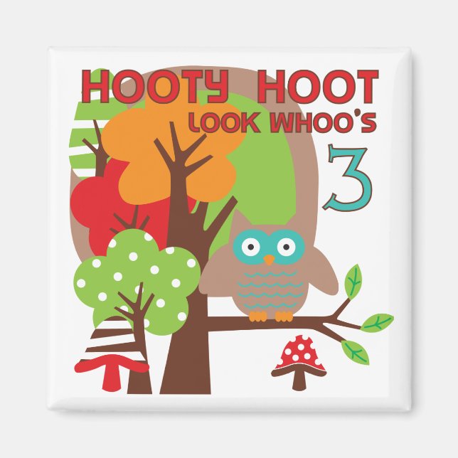 Imã Camisas de aniversário de 3 anos de coruja e prese (Frente)