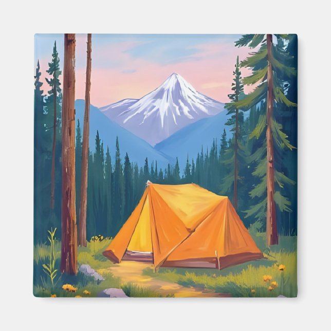 Imã Camping Mountain Watercolor Painting (Frente)