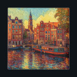 Imã Canal Amsterdã guarda estilo van Gogh<br><div class="desc">uma bela pintura,  ao estilo de van Gogh,  das casas de canal e barcos domésticos em Amsterdã</div>