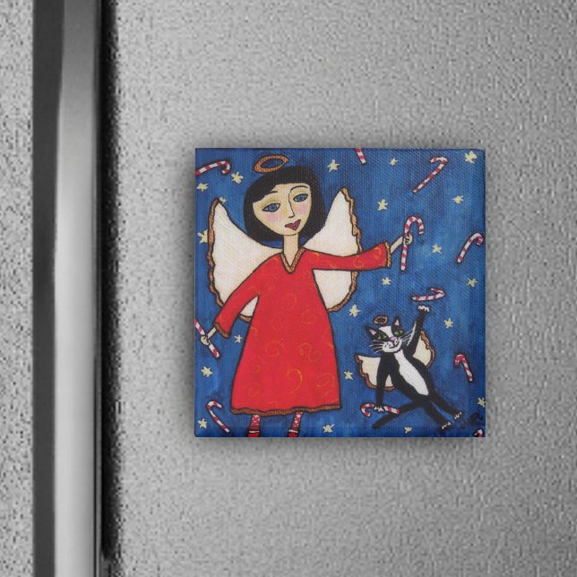 Imã Candy Cane Angel Magnet (Angel floating in blue sky stars with angel cat and candy canes on Christmas square magnet.)