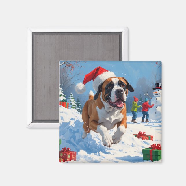 Imã Cane Corso Correndo na Neve com Chapéu de Natal (Front/Back)