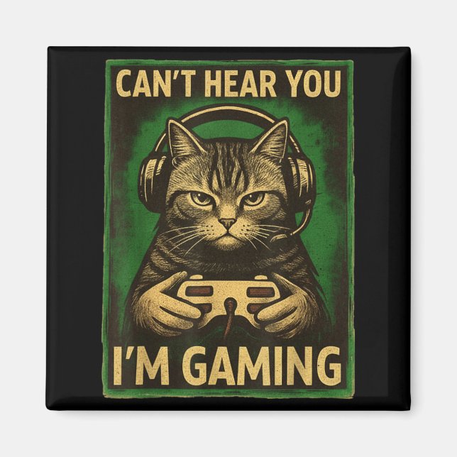 Imã Can't Hear You I'm Gaming Funny Gamer Cat Playing  (Frente)