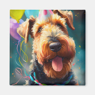 Imã Cão Airedale com chapéu de aniversário e balões