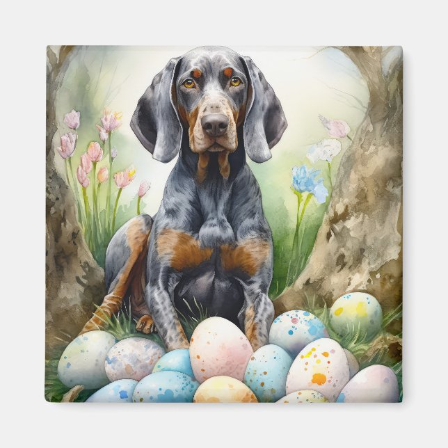 Imã Cão Bluetick Coonhound com Feriado de Ovos de Pásc (Frente)