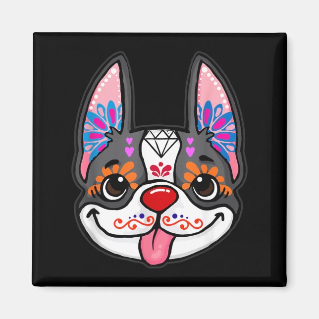 Imã Cão Boston Terrier Dia dos Mortos Crânio de Açúcar (Frente)