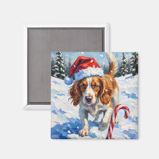 Imã Cão Brittany Spaniel Apontando para Doce de Natal (Front/Back)