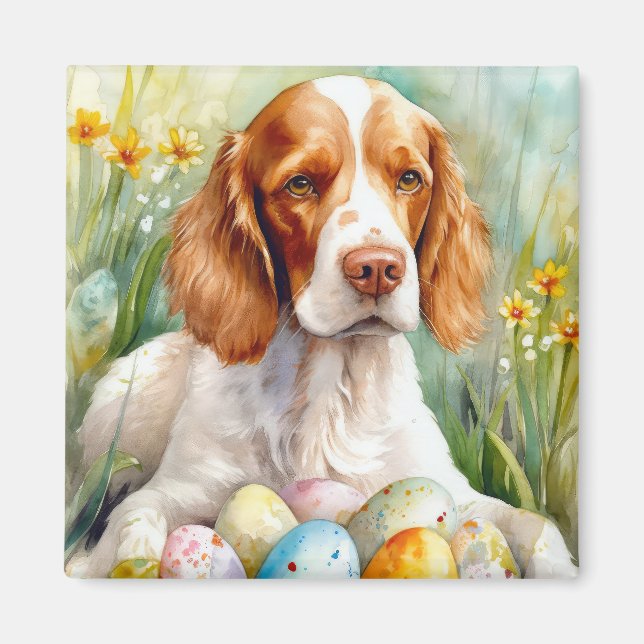 Imã Cão Brittany Spaniel com Ovos da Páscoa Feriado (Frente)