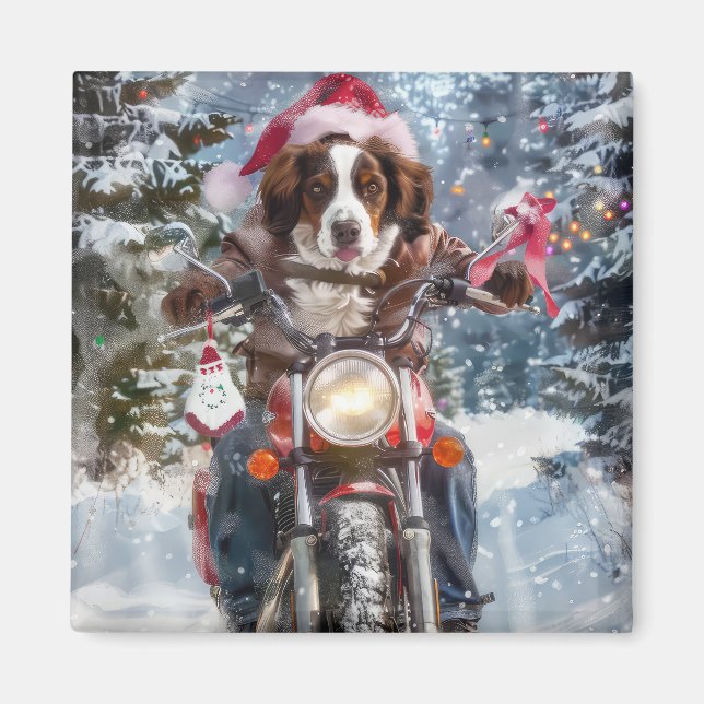 Imã Cão Brittany Spaniel Pilotando Motocicleta Natal (Frente)