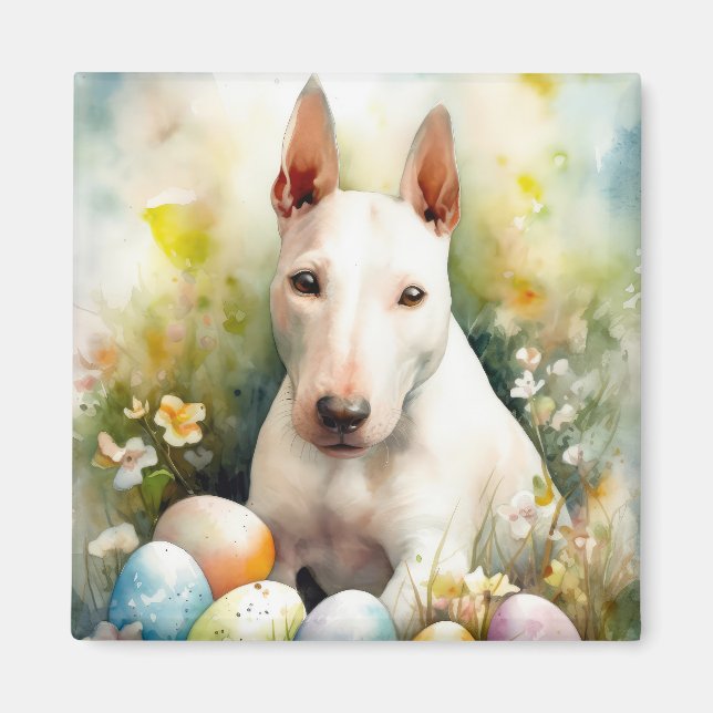 Imã Cão Bull Terrier com Ovos da Páscoa Feriado (Frente)