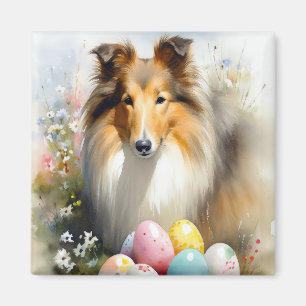 Imã Cão Collie Áspero com Férias de Ovos de Páscoa