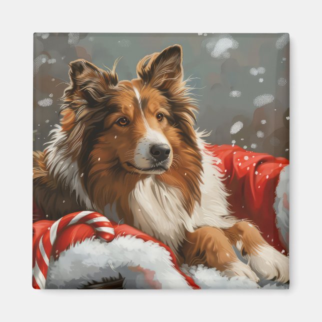Imã Cão Collie Áspero Festa de Natal (Frente)