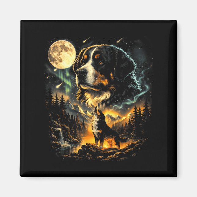 Imã Cão de montanha Bernês uivando lua retrô 90s cacho (Frente)