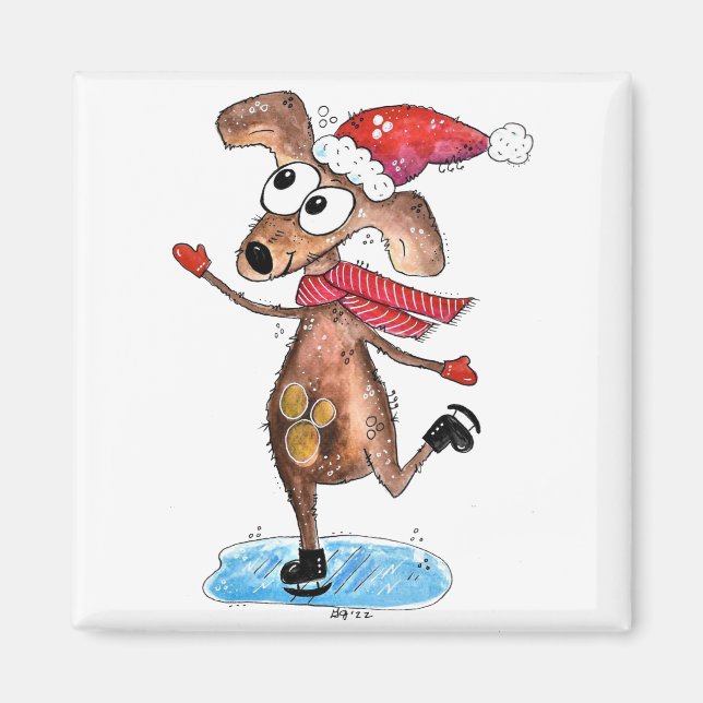 Imã Cão de Natal Caprichoso em Patins de Gelo (Frente)