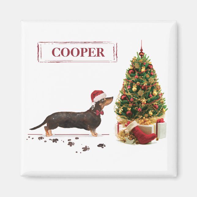 Imã Cão de Natal Negro e Tan Dachshund Engraçado (Frente)